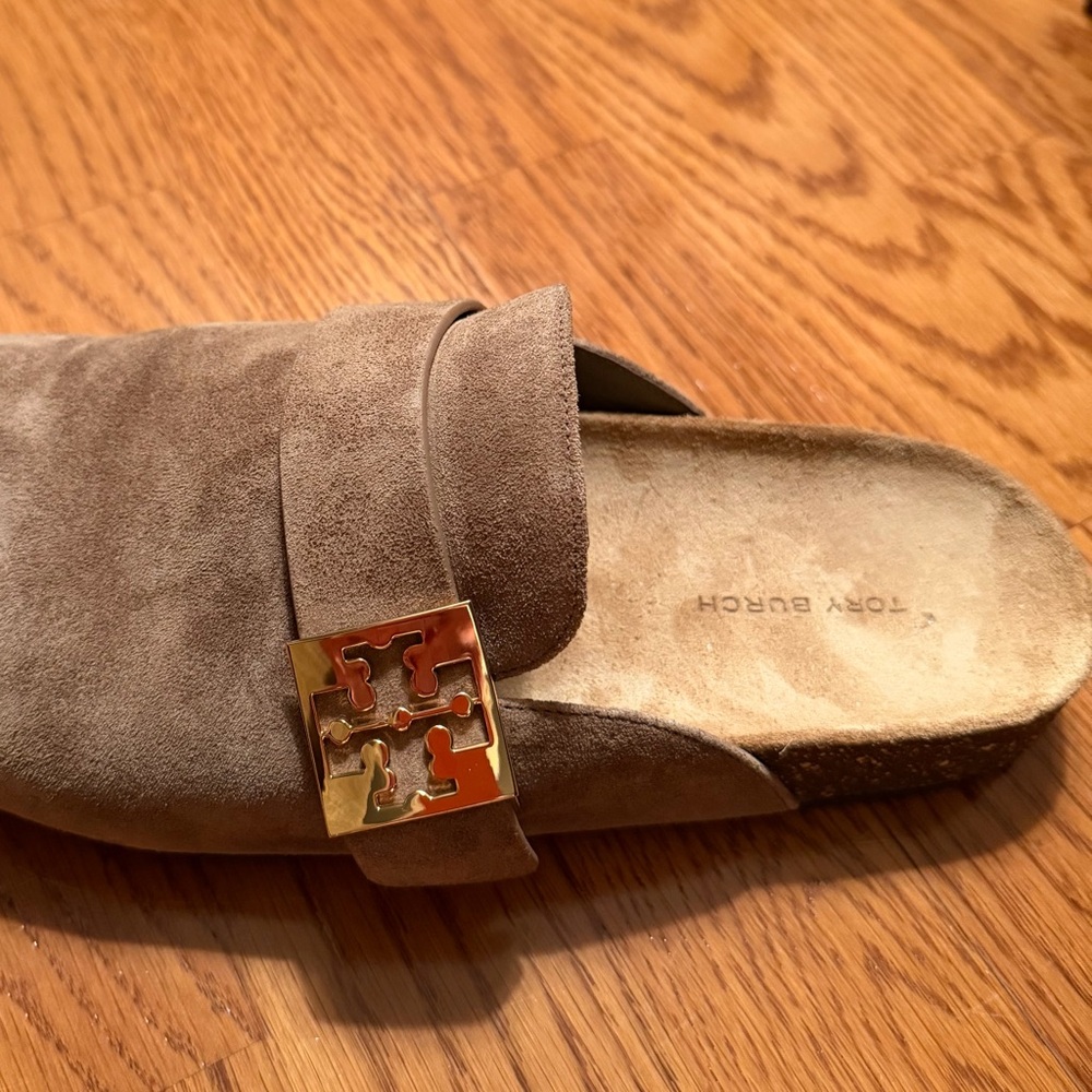 Tory Burch Taupe Suede Slip-On Mules with Gold Logo